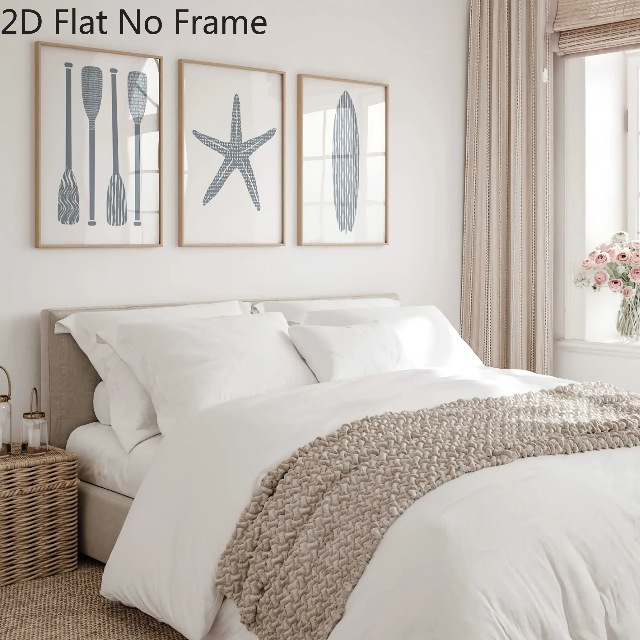 （NoFrame 3PCS)-2D Flat, 3pcs 2D Flat Modern Beach Wall Art Set, Blue and White Abstract Starfish, Surfboard, and Paddle Canva