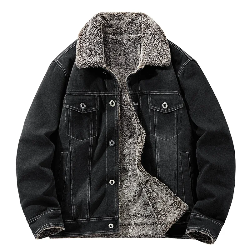 New Men's Denim Fleece Lined Thickened Cotton Jacket Warm Top Midlife Jacket Autumn Winter Outerwear Casual Loose Fit Plus Size