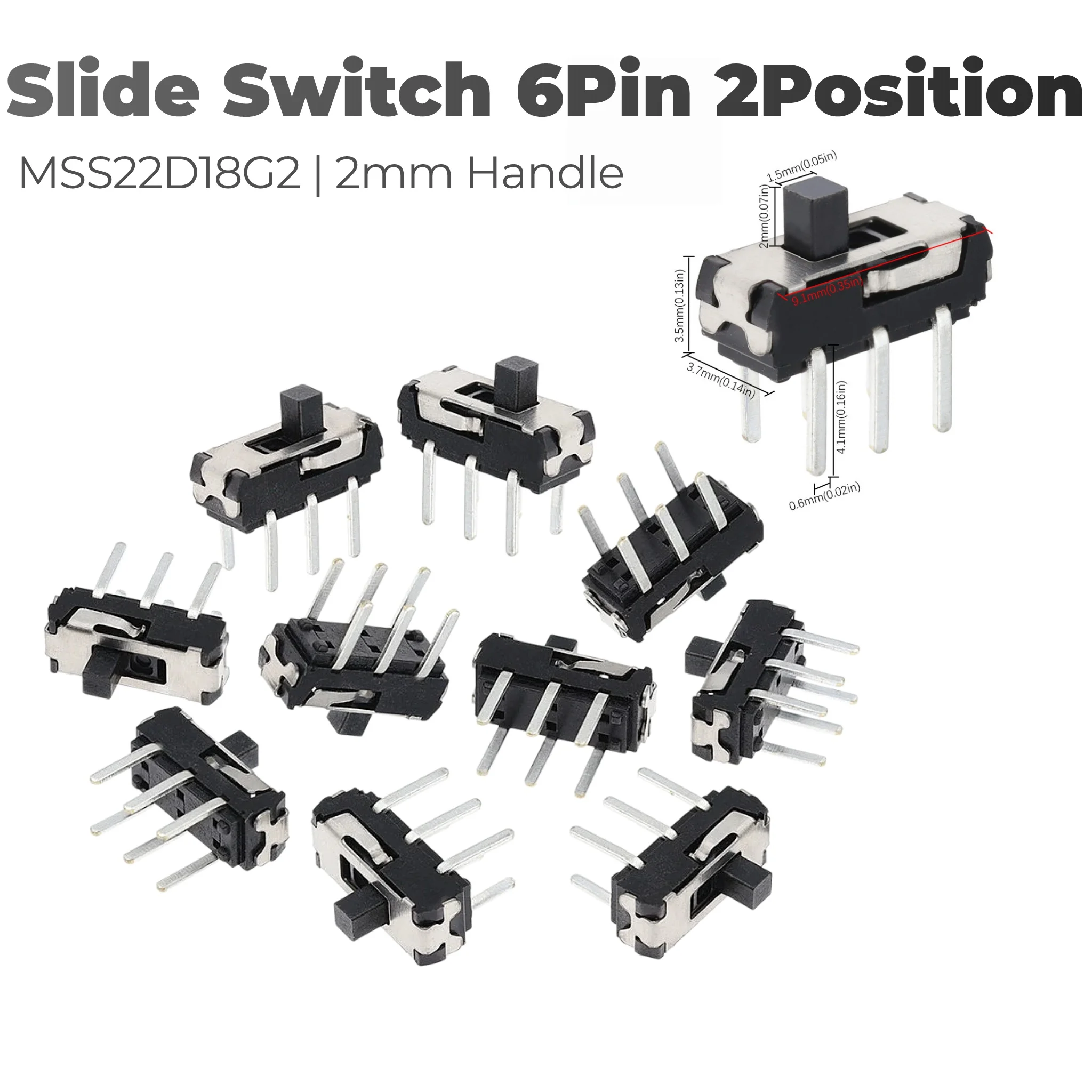 MSS22D18G2 Mini Slide Switch DIP 6 Pin 2 Position 2P2T 2mm Handle Vertical Slide Toggle Switch for DVD Electronic Equipment