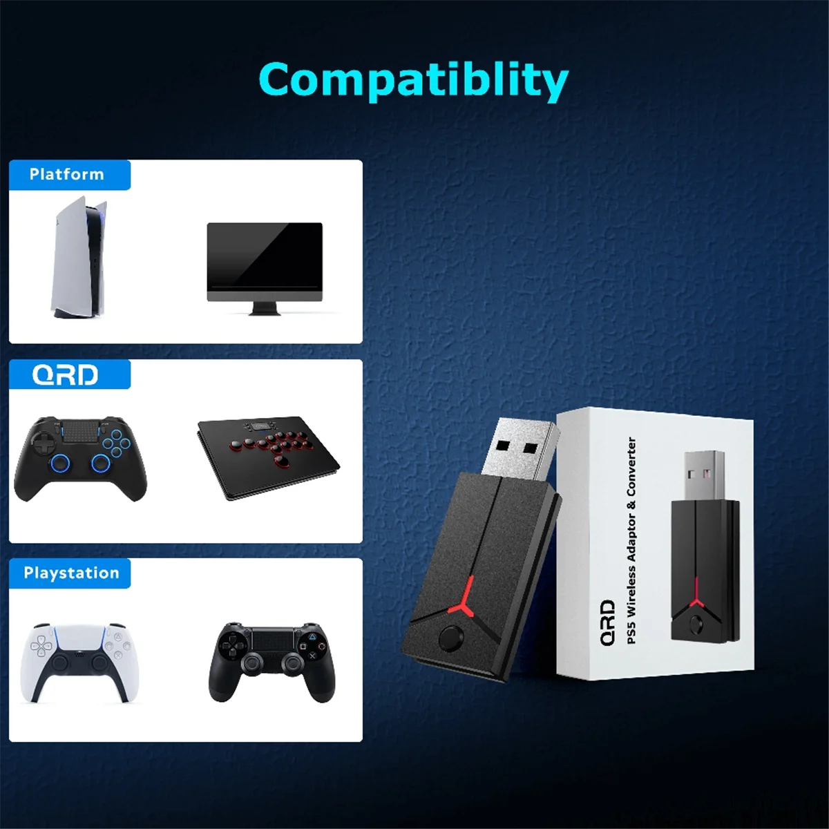 محول ألعاب لاسلكي BFYL لوحدة تحكم PS5 QRD Spark N5/QRD Maestro S3/Arcade Stick/Dualshock4 PS4 باللون الأسود