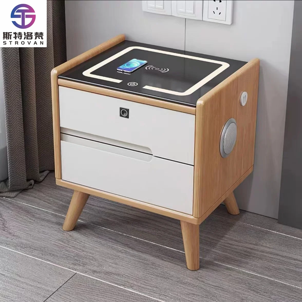 

Smart Side Table with Charging Station Nordic Style Wooden End Table for Modern Bedroom Sets.