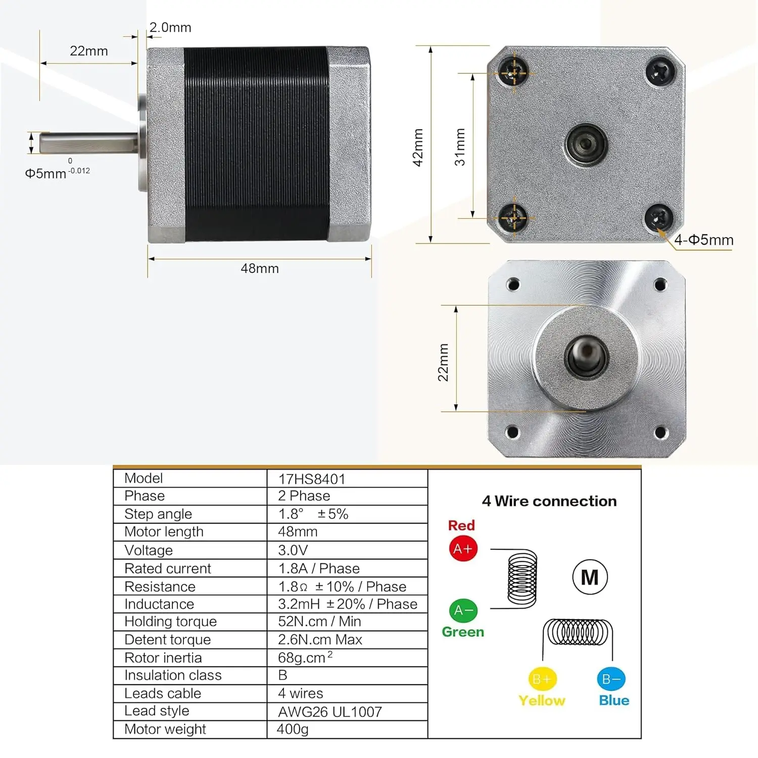 17HS8401 Nema17 Stepper Motor 2-Phase Hybrid 1.8A 48mm 78oz-in 52N.cm Torque 1.8 Degree For CNC Machines 3D Printers