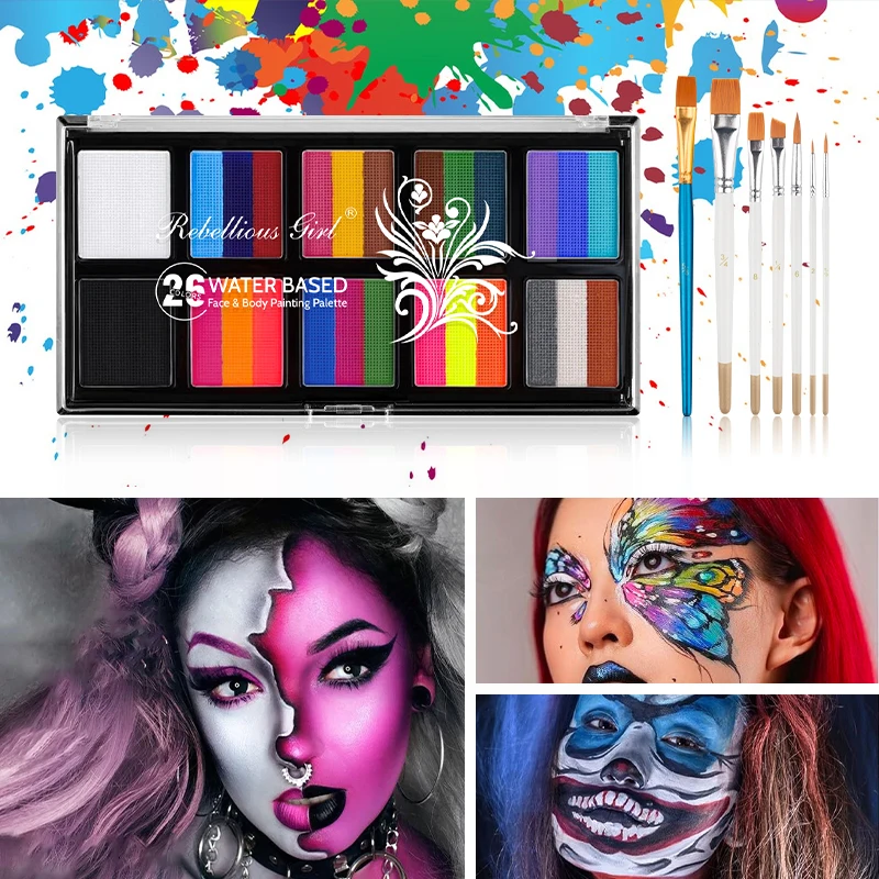 مجموعة طلاء الوجه والجسم مكونة من 26 لونًا مع فرش قابلة للذوبان في الماء بالأشعة فوق البنفسجية مضيئة للأطفال والكبار فن الطلاء على الجسم لعروض المسرح والمكياج #4