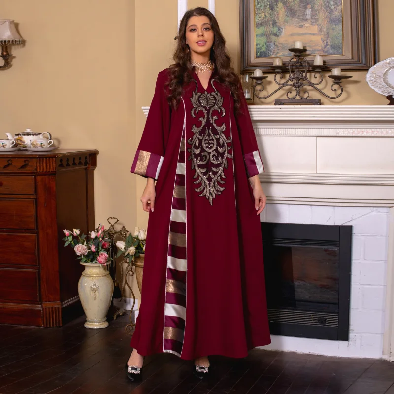 Islam Abaya Dress for Women, Beaded Embroidery Robe, Musulmane, Spliced Stripe Women's Dress for Middle East Arabia