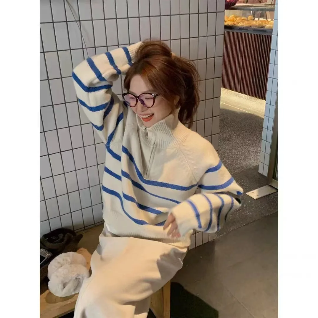Fashion Striped Sweater Women Fall Winter Clothes Half Zipper Turndown Collar Jumper Pull Femme Knit Pullovers Tops Sueter Mujer