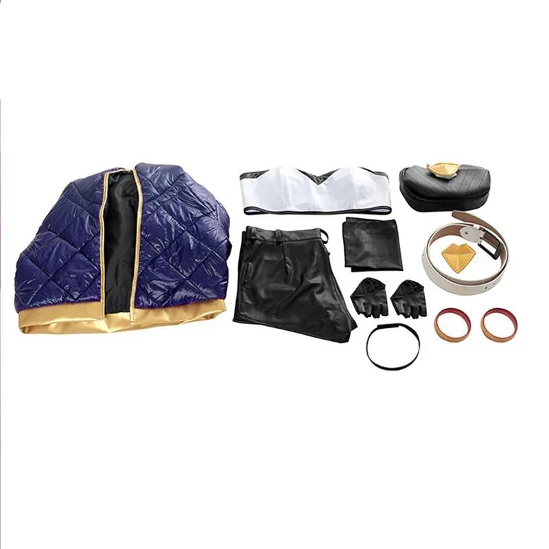 Dd12KDA LOL KDA Akali Cosplay Feminino Conjunto Completo para Calças Luvas Bolsa Halloween