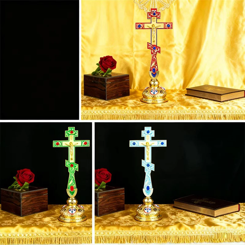 

New 2026 Orthodox Church Supply Religious Box Gift Gold Color Handhold Cross Pray Blessing Altar cross With Stand Church Decor