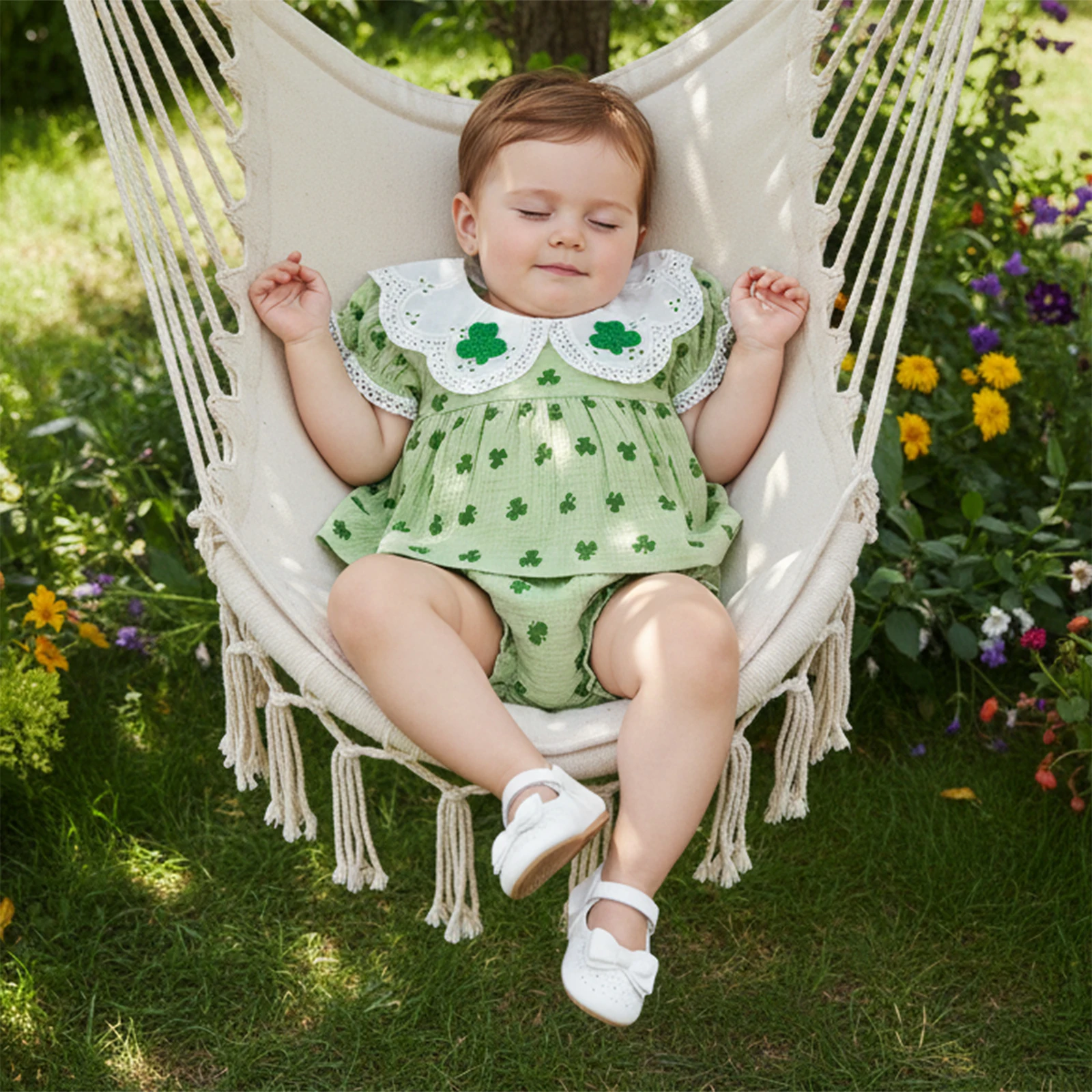 Infant Baby Girls St. Patrick's Day Outfits Short Sleeve Doll Collar Clover Print Tops PP Shorts Spring Summer Sets
