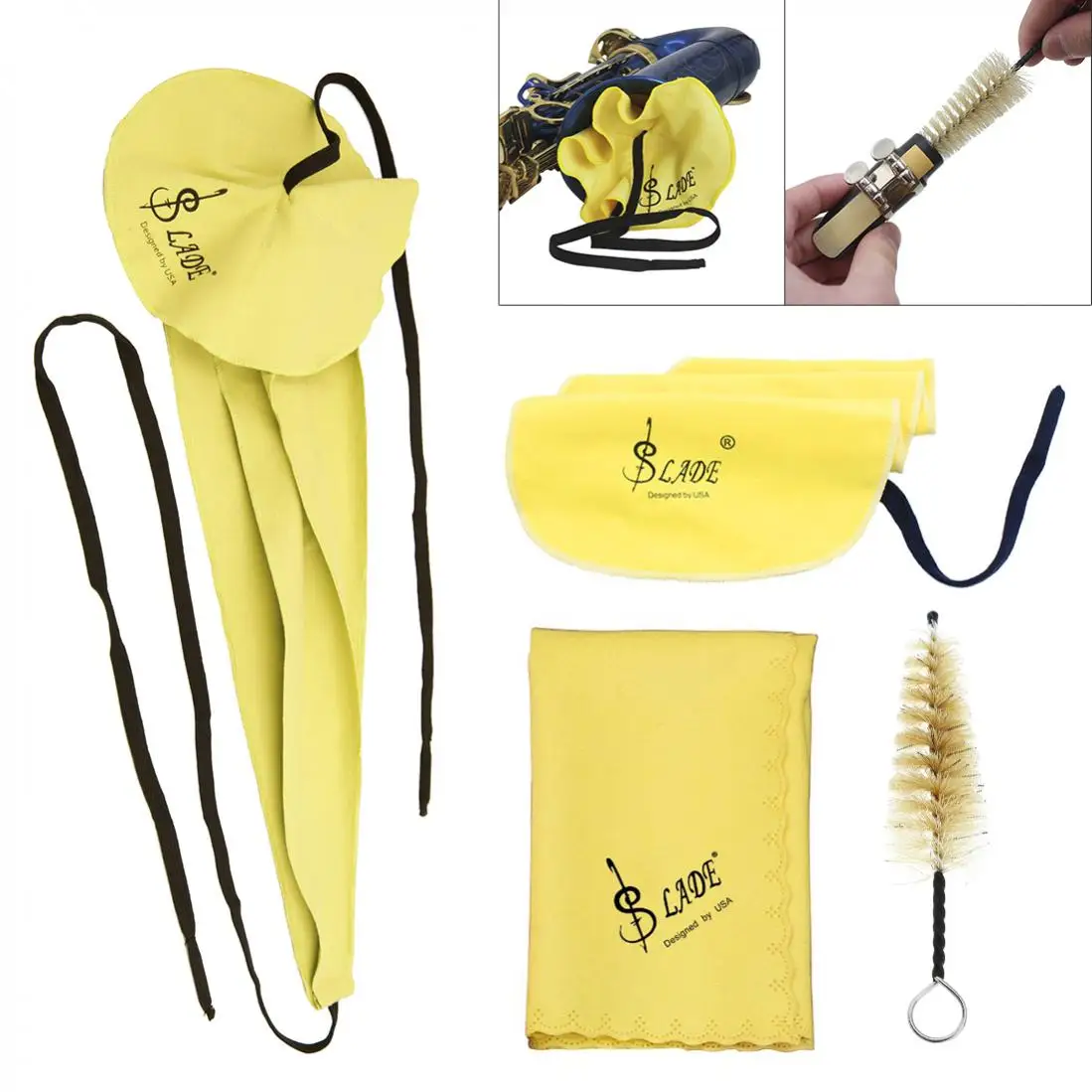 4pcs  Yellow Saxophone Care Cleaning Tools with Inner Chamber Cleaning Clothes, Mouthpiece Brush, Sax Cleaning Cloth