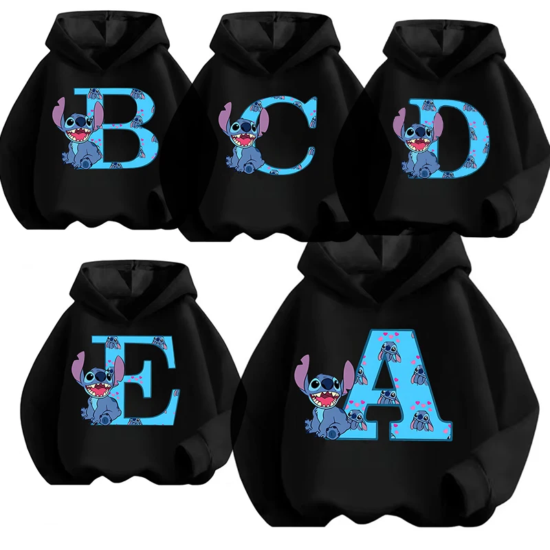 Funny Children Hoodies Stitch Letter ABCD Pullover Sweatshirt Anime Manga Cartoons Girls Boy Kids Casual Clothes Tops