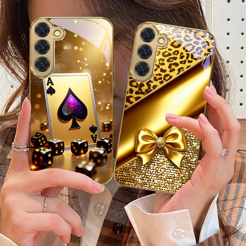 

Golden leopard print bow For Samsung Galaxy S26 S20 FE S21 22 23 Plus S24 Ultra 25Ultra 21+ S9 S22Plus Golden glass phone case