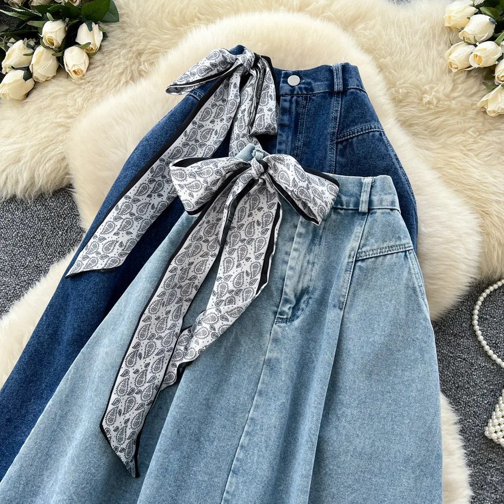 Retro silk scarf denim simple half-length skirt women's A-line dress