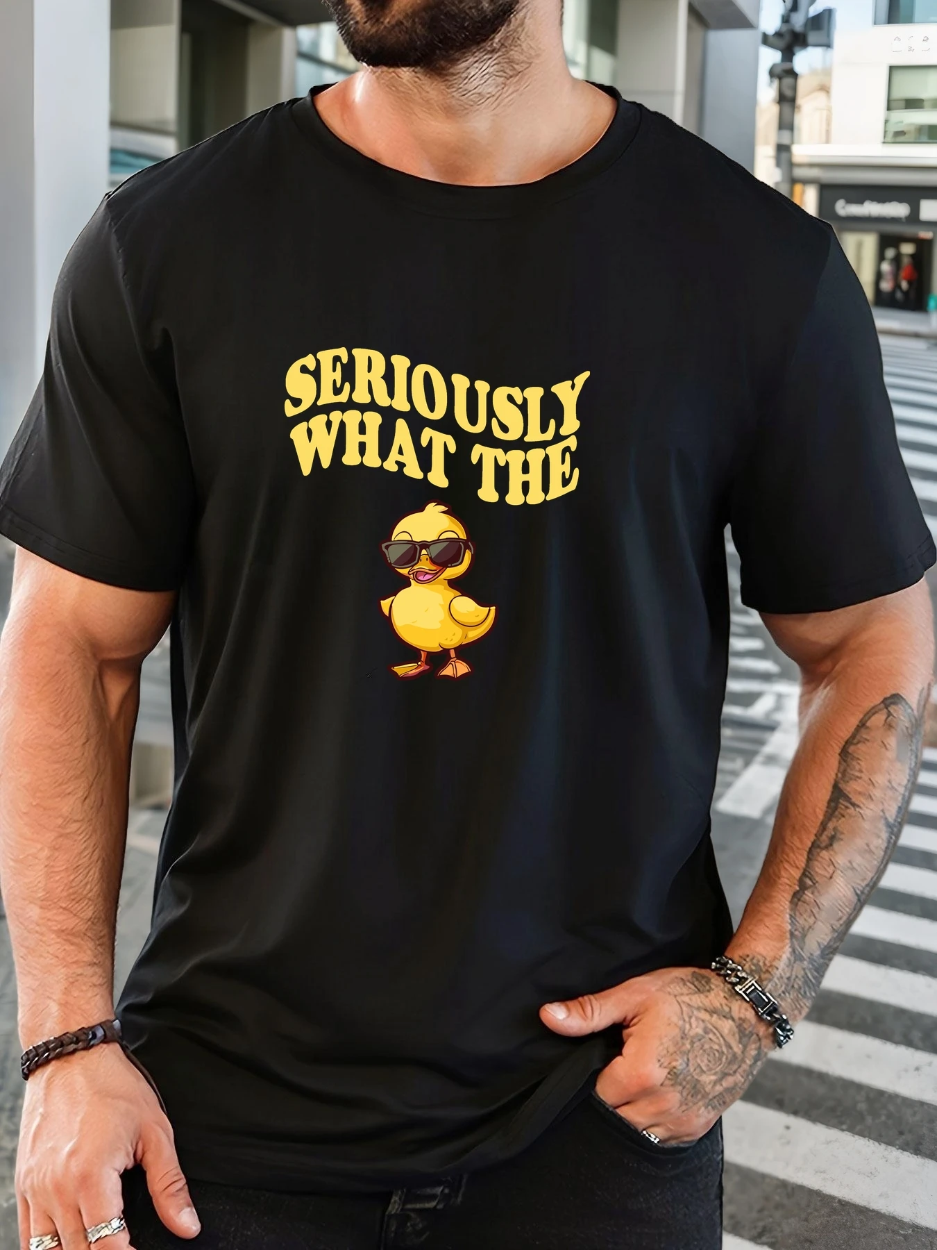 

MEN SERIOUSLY WHAT THE Little Yellow Duck Pattern Summer Casual Crew Neck Short T-Shirt