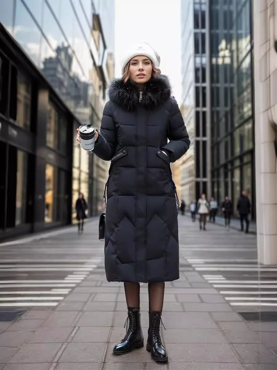 Winter Woman Parka Long 2024 New Down Coat Fur Collar Thicken Warm Loose Zipper Pockets Hodded Coat Female Stylish Woman Clothes