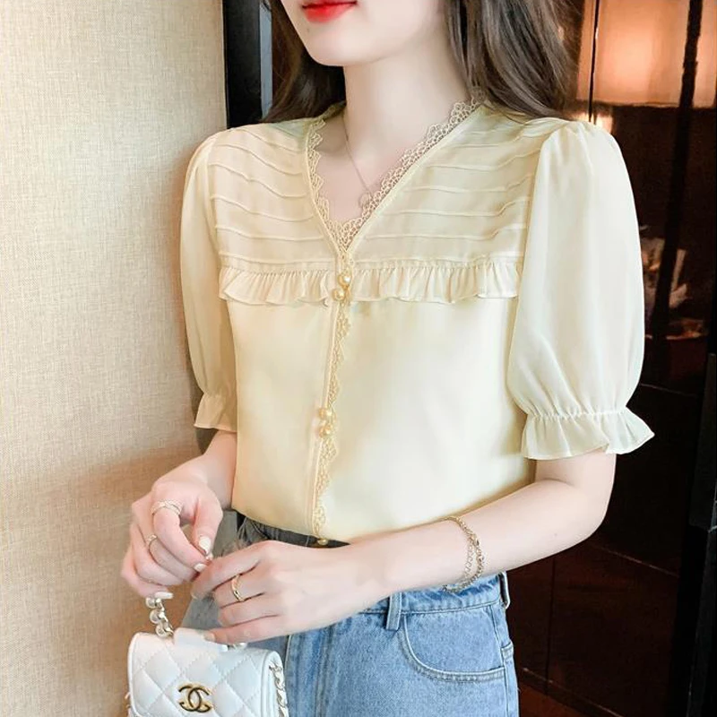 Women\'s Clothing 2024 Summer Fashion Ruffle Lace Patchwork Blouse Elegant Sweet Chic Shirt Casual Solid V Neck Short Sleeve Tops