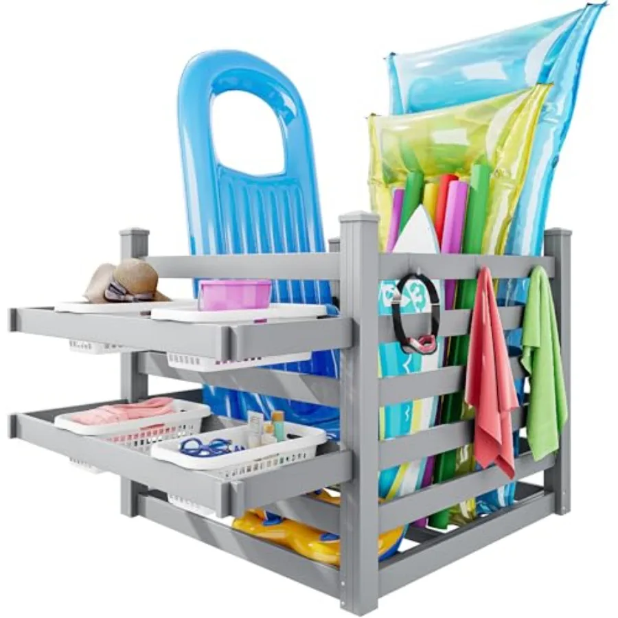 

Pool Storage Bins with Towel Rack and 6 Moveable Hooks, Large Pool Noodle Holder Organizer, Outdoor Waterproof Poolside Float S