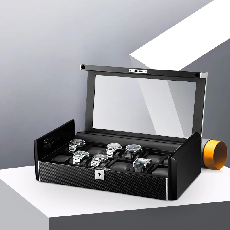 M&Q Hot Black Carbon Fiber Surface Soft Flexible  Leather Pillow Luxury Watch Travel case 12Slots  Wood Watch Box with Lock M312