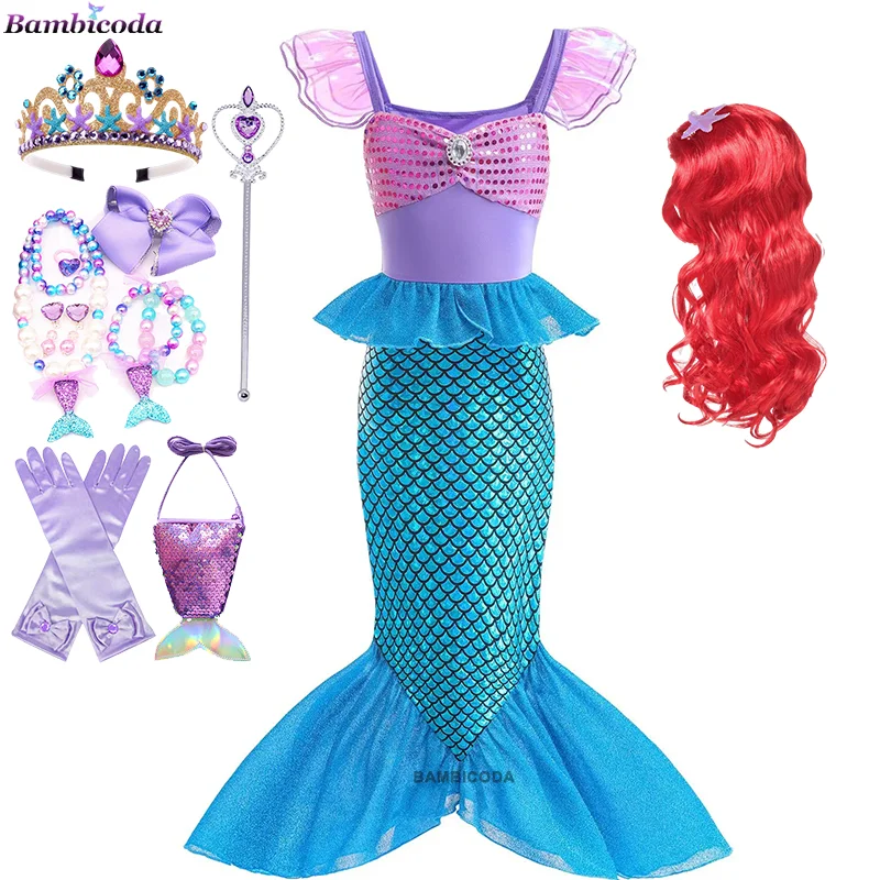 2024 neue Filme Mädchen Ariel Prinzessin Kleid kleine Meerjungfrau Cosplay Kinder Kostüm Party Karneval Kinder Halloween Kleidung 2St