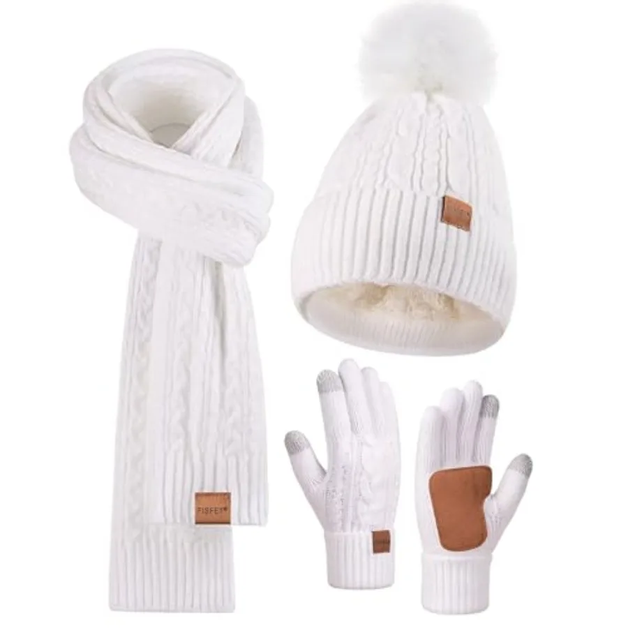 

Winter Beanie Hat Scarf Gloves Set for Women Pom Pom Beanie Fleece Lined Knit Neck Warmer Touchscreen Gloves 3 in 1 Gift Set