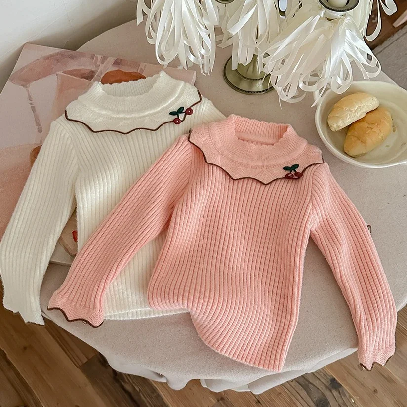 Girls Sweater 2026 Spring And Autumn New Childrens Clothing Girl Baby Sweet And Lovely Pure Color Cherry Bottom Shirt Casual