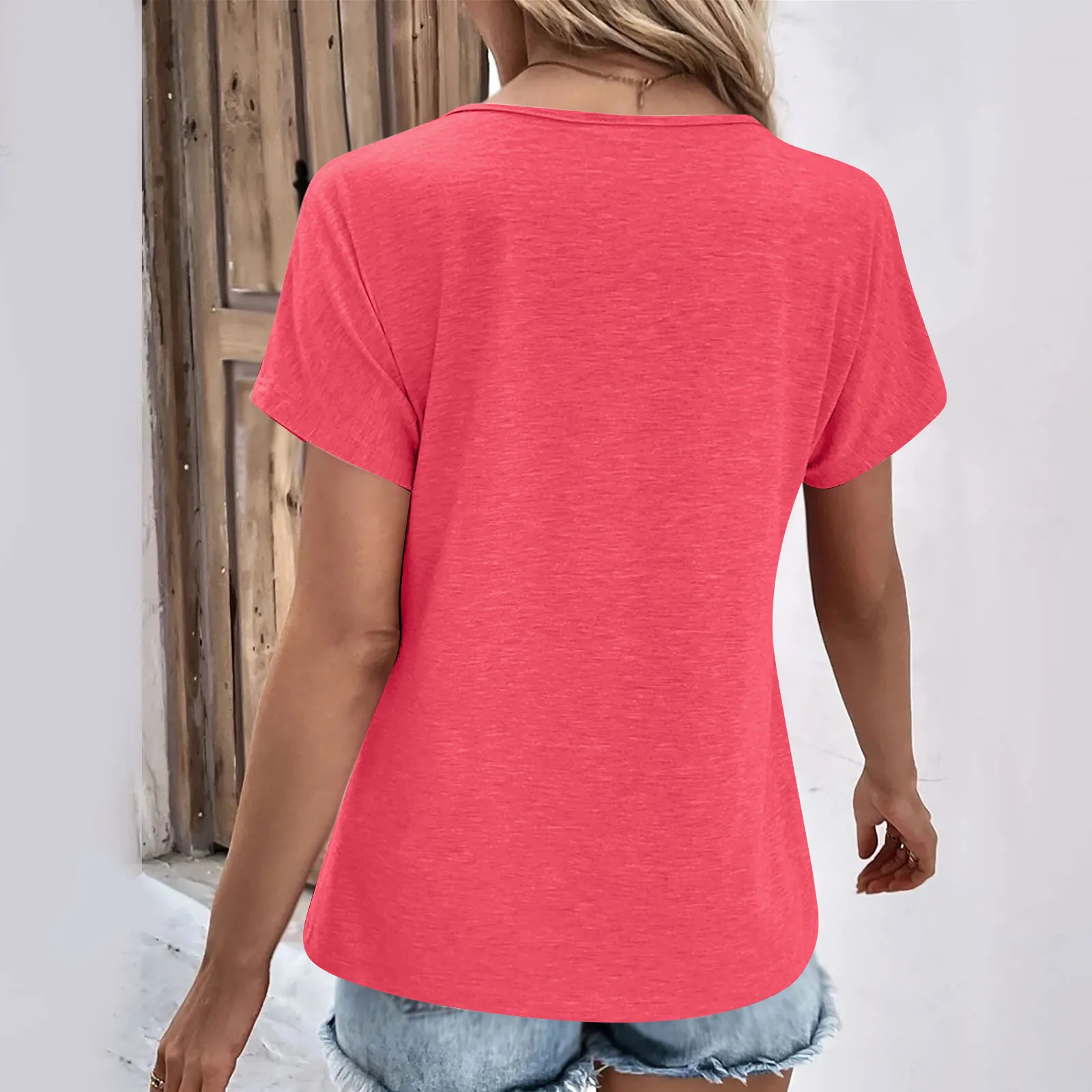 Fashion Women T Shirt Solid Color V Neck Short Sleeve Basic Tops Tee Streetwear Summer Oversized Clothing Female T-Shirts