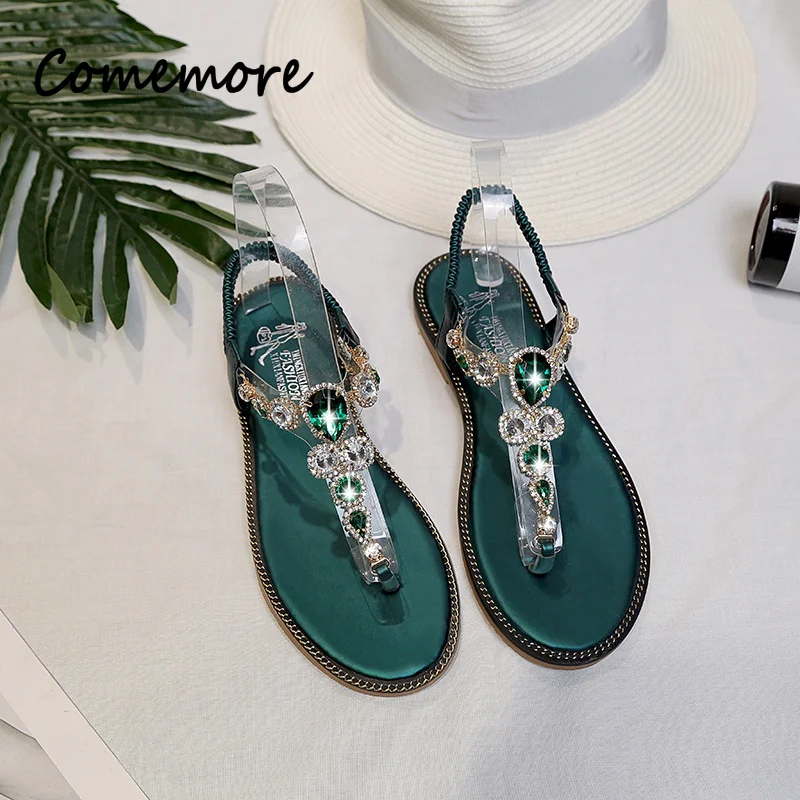 Comemore Summer Shoe Women Comfortable Flat Thong Sandals Casual Ladies Shoes Green Slip on Sandal with Rhinestones Flip-flops