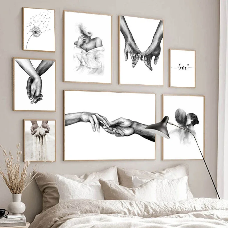 Nordic Black White Shoulder Kiss Hand Wall Art Silk Poster Minimalist Print Love Quotes Painting Picture for Living Room Decor