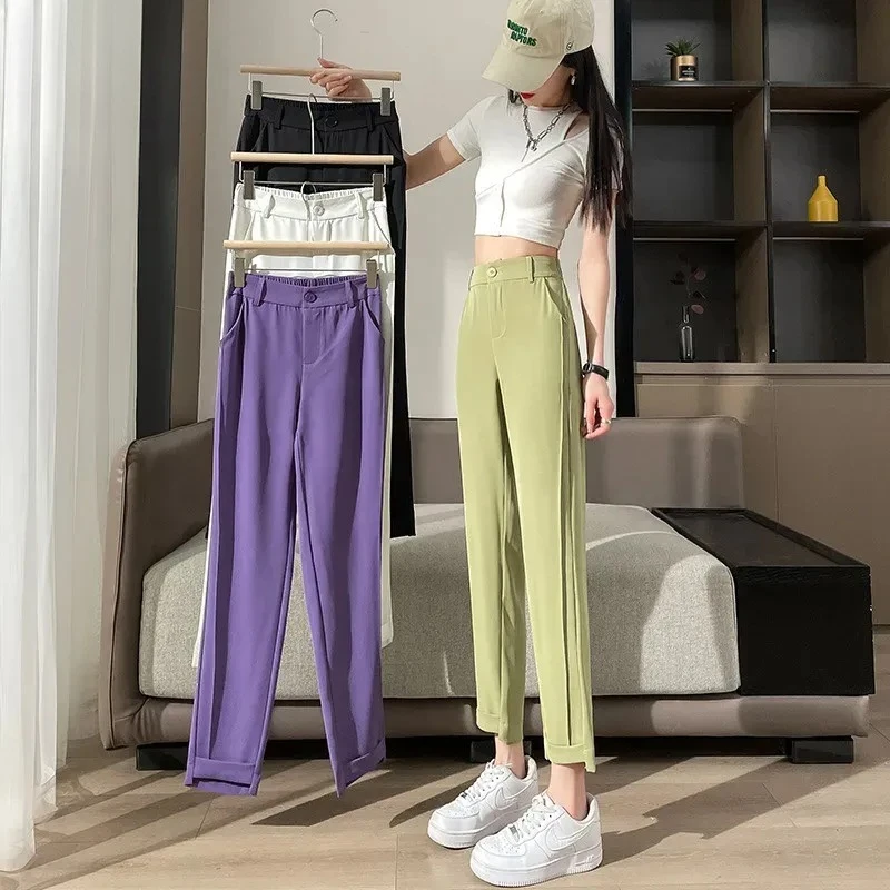 Clássico tornozelo comprimento harem terno pantalones coreia moda escritório feminino spodnie doce cor elástica cintura alta formal calças soltas