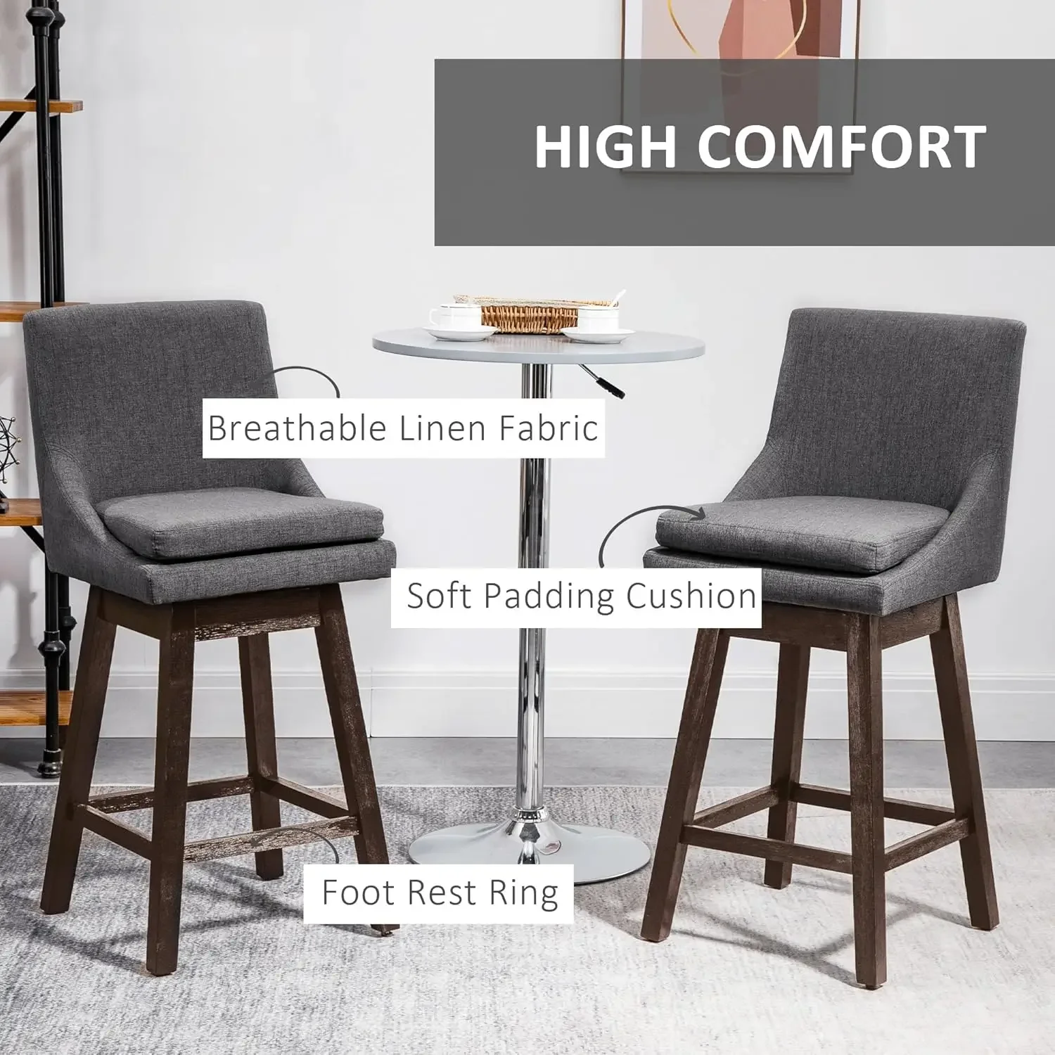 Bar Altura Bar Stools Set, sem braços estofados, cadeiras giratórias Barstools, estofamento macio, almofada e pernas de madeira, cinza escuro, conjunto de 2