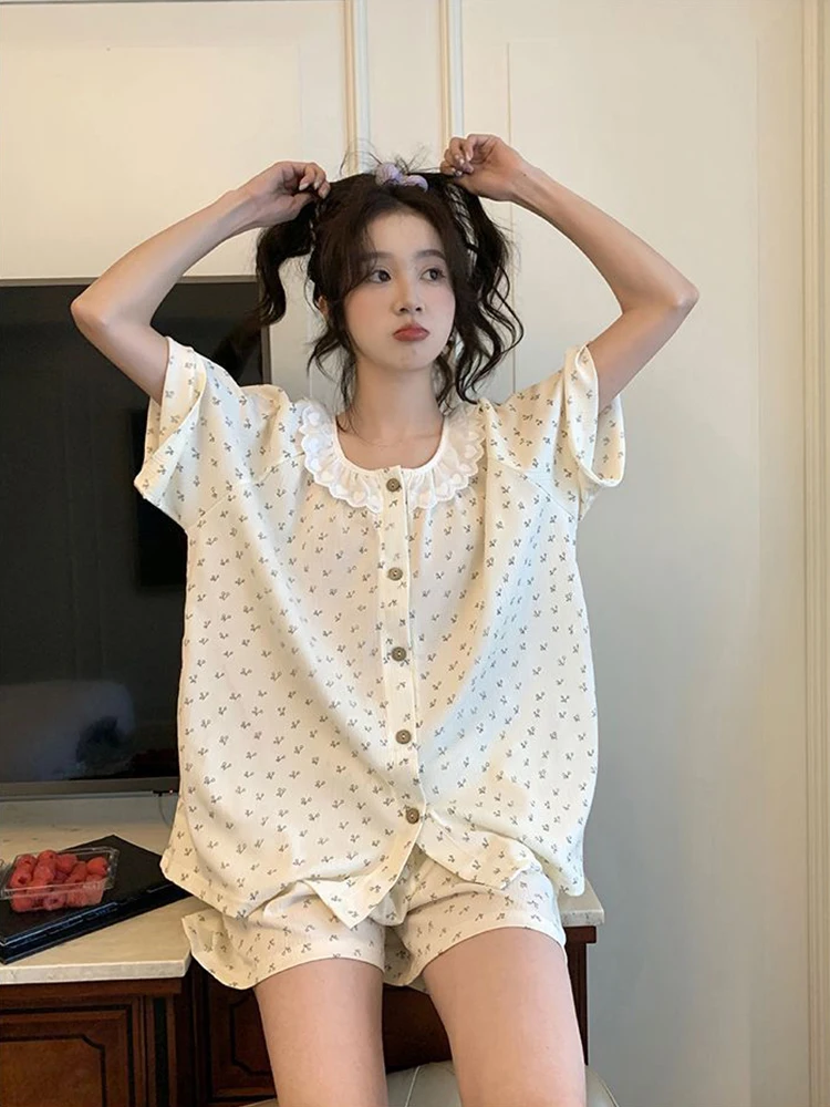 Korean Version of Schoolgirls Simple Style Striped 2024 Pajamas Summer New Short Sleeve Shorts Thin Loungewear Set