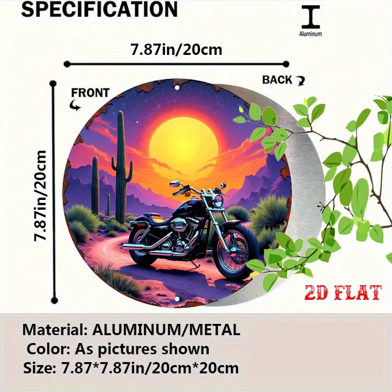 2D Flat, 1pc Vintage Desert Cacti & Cruiser Motorcycle Metal Wall Art - Round 7.8'' Aluminum Sign Suitable for Home, Garage, Caf