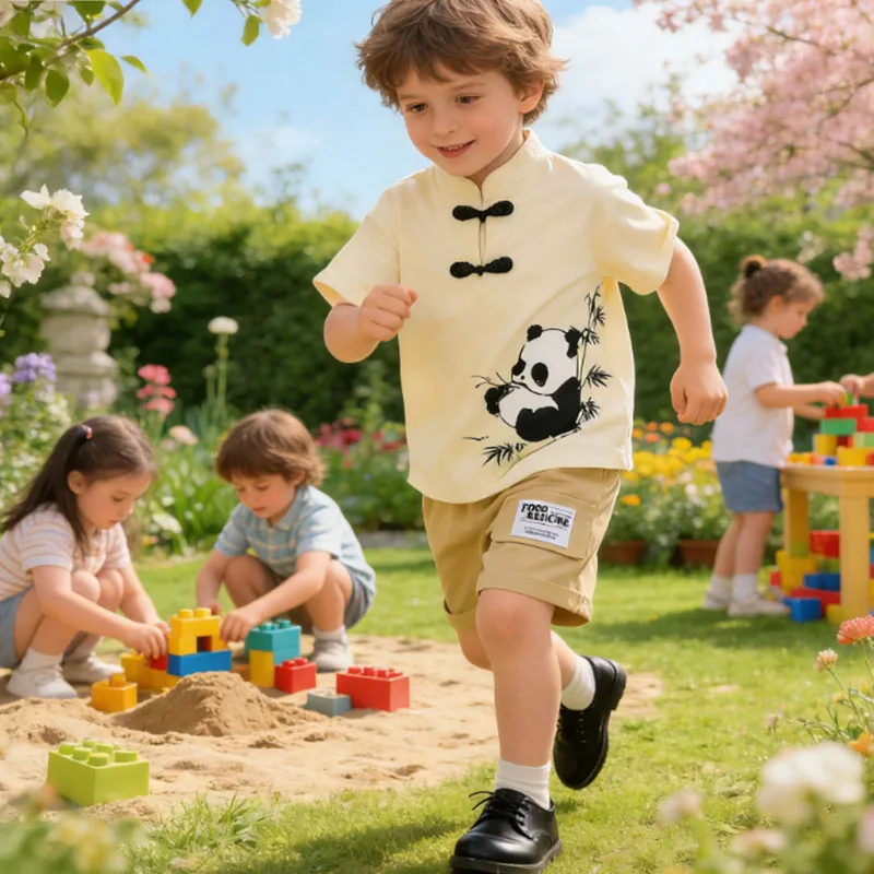 Babykleidung für Jungen, Kindermode, Sommer, lässig, Panda-Print, T-Shirts + Shorts, Anzüge, Outfits, Kinder, Jungen, Cartoon-Kleidungssets