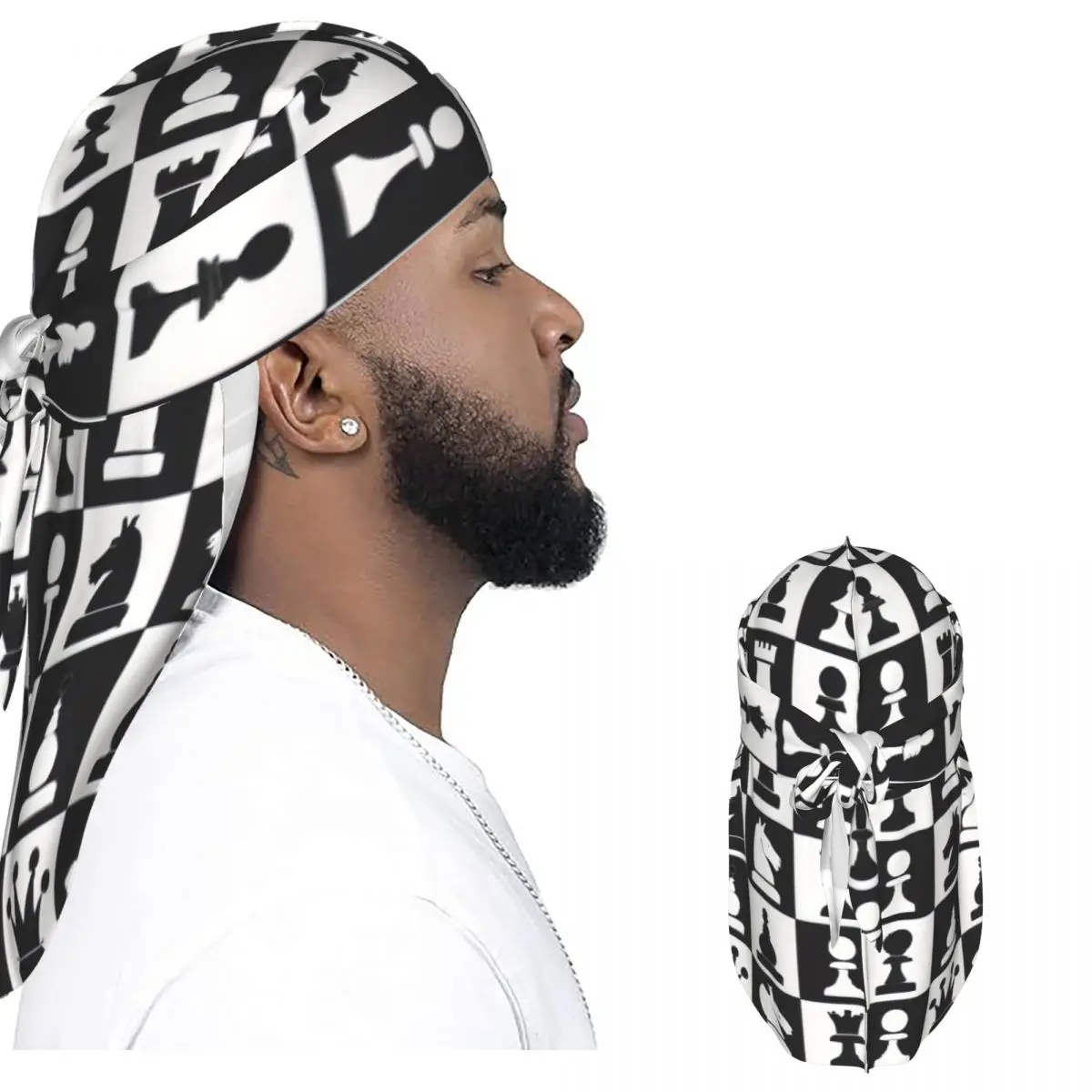 Men Satin Durag Long Tail Doo Rag Classic Chess Board Hip Hop Headwrap Hair Scarf