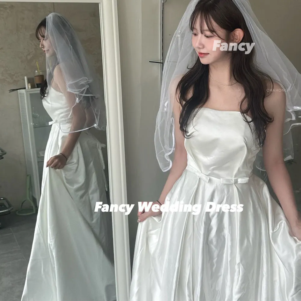 Fancy Simple Korea Strapless Bow Wedding Dress High Quality Soft Satin Evening Dresses A Line Back Corset 웨딩드레스 Customized