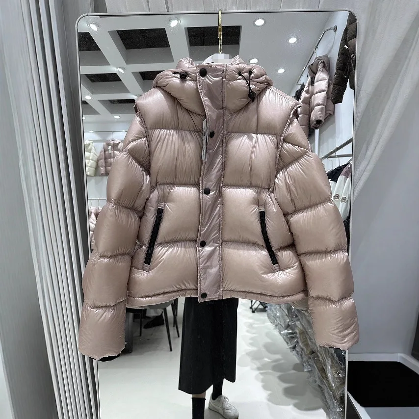 النمط الأوروبي قصيرة مقنعين المرأة سترة منفوخة 2025 جديد سميكة الدافئة الشتاء سترات انفصال كم 2 في 1 أسفل سترة معطف