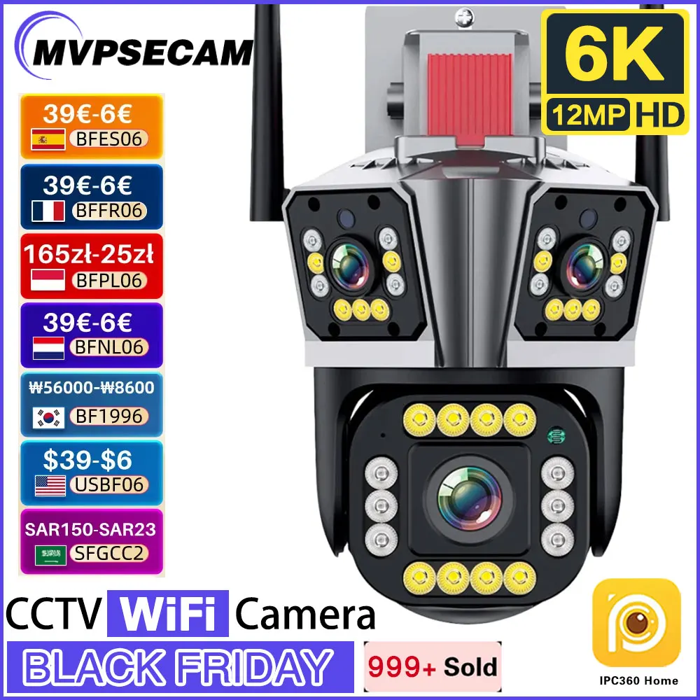 6K 12MP HD WiFi IP Camera Outdoor Audio PTZ 4K 8MP Three Lens Three Screen Security Auto Tracking CCTV Surveillance IP Cameras