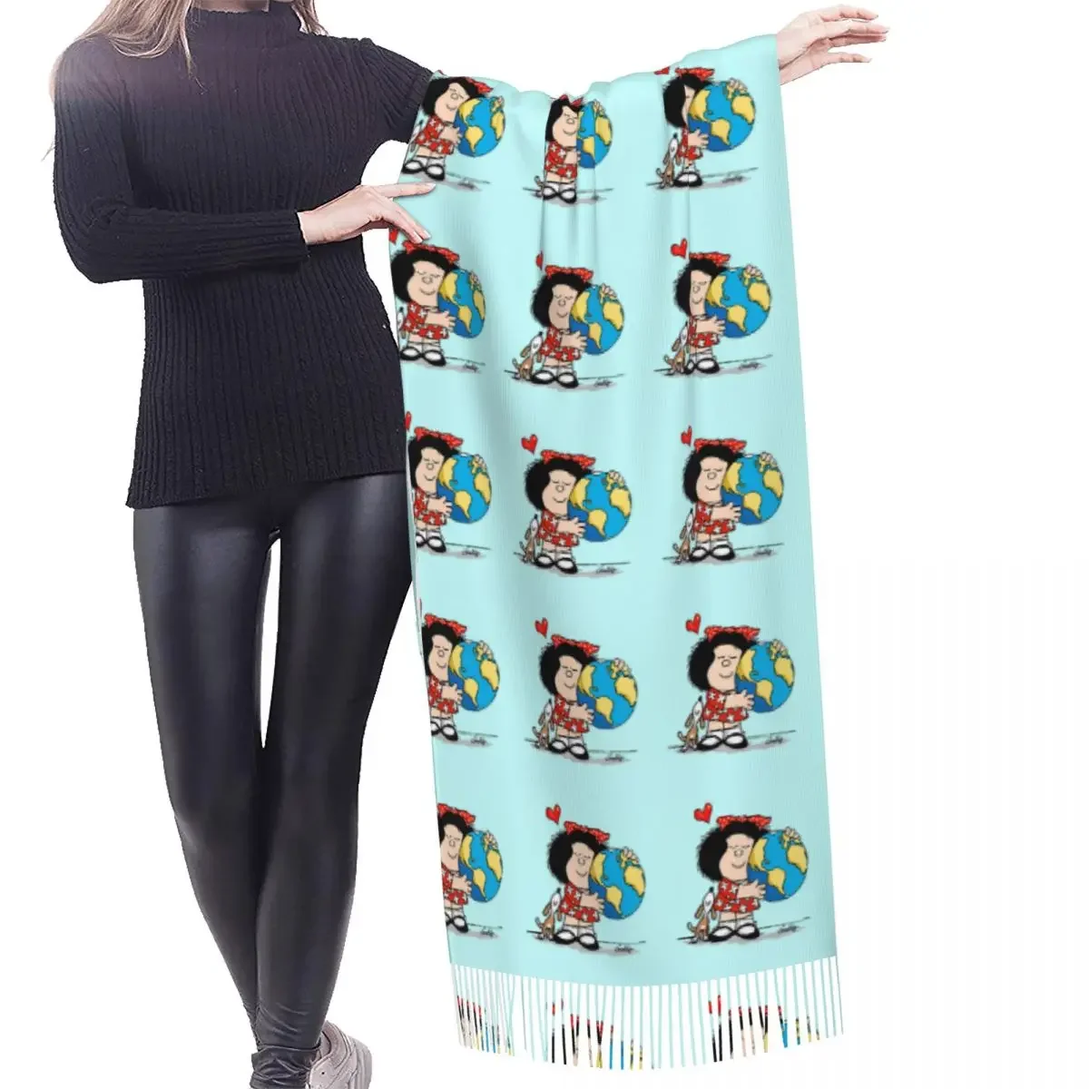 Luxury Mafalda  And Her Puppy Tassel Scarf Women Winter Warm Shawls Wraps Lady Quino Comic Cartoon Versatile Female Scarves