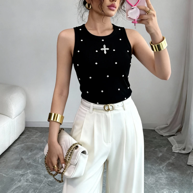 Sleeveless White Tank Top Women's Beading Stretchy Knit Rhinestone Cross Decor Ribbed Casual Summer Y2k Party  Diamonds Cami Top