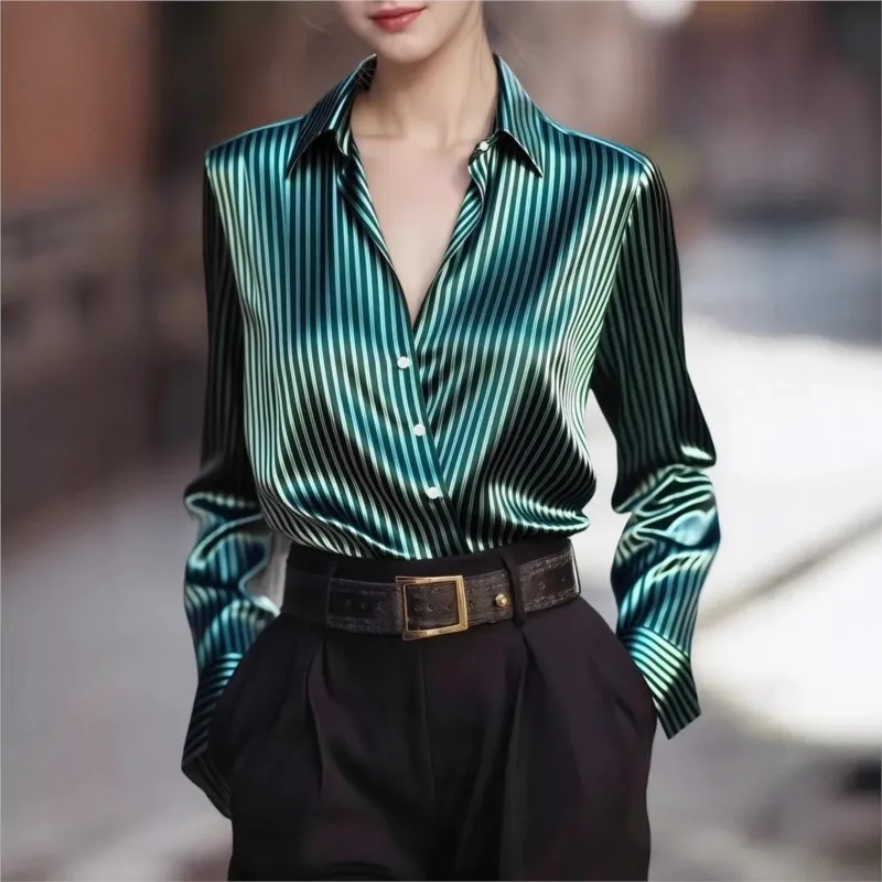 2023 Zomer Dames Satijn Casual Shirt Gestreept Borduren Lente Herfst Nieuwe Stijl Veelzijdige Comfortabele Dames Button Up Top