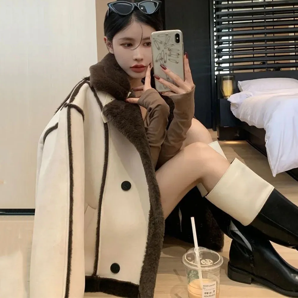 Fashion Suede Women's Jacket Warm Faux Lamb Wool Coat Stand Collar Street Trendsetters Loose Top Versatile Winter Women Clothing