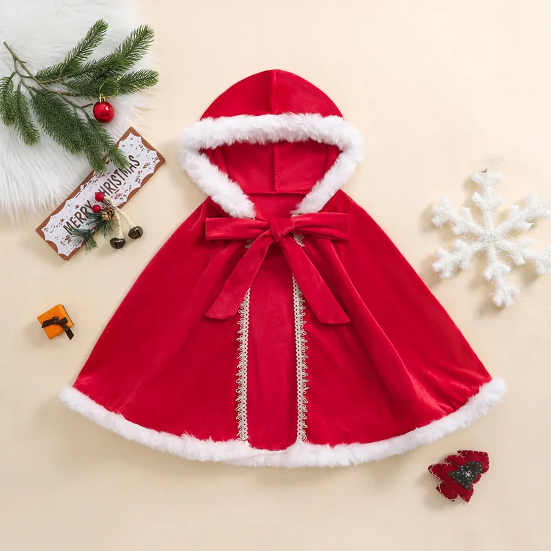 1 to 6 Years Christmas Red Velvet Cloak for Girls Contrast Color Fuzzy Trim Hooded Cape Cosplay Costume