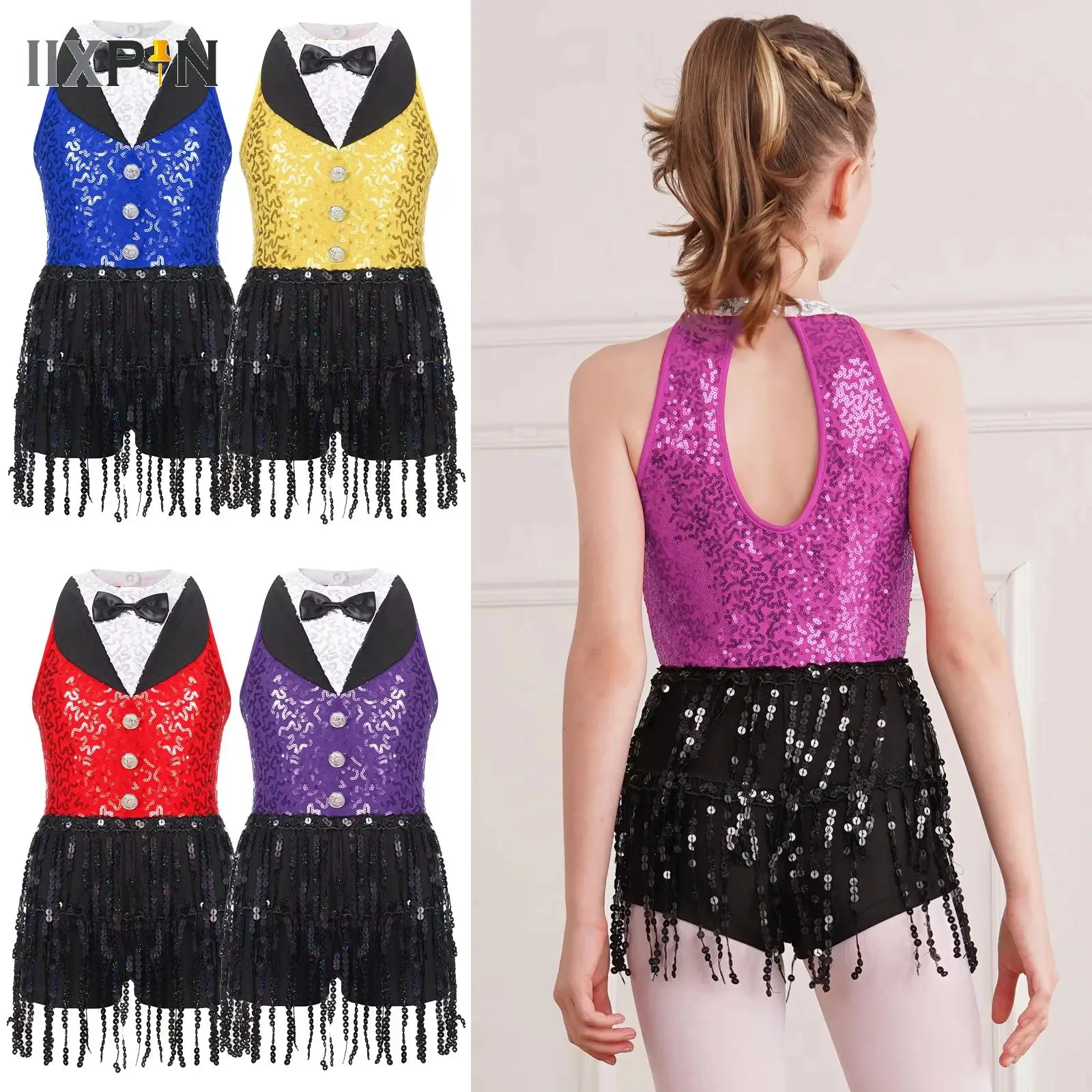 Kinderen Meisjes Pailletten Kwastje Latin Jazz Turnpakje Jurk Ballet Danswedstrijd Prestaties Jumpsuit Rumba Cha Cha Dancewear Kostuum