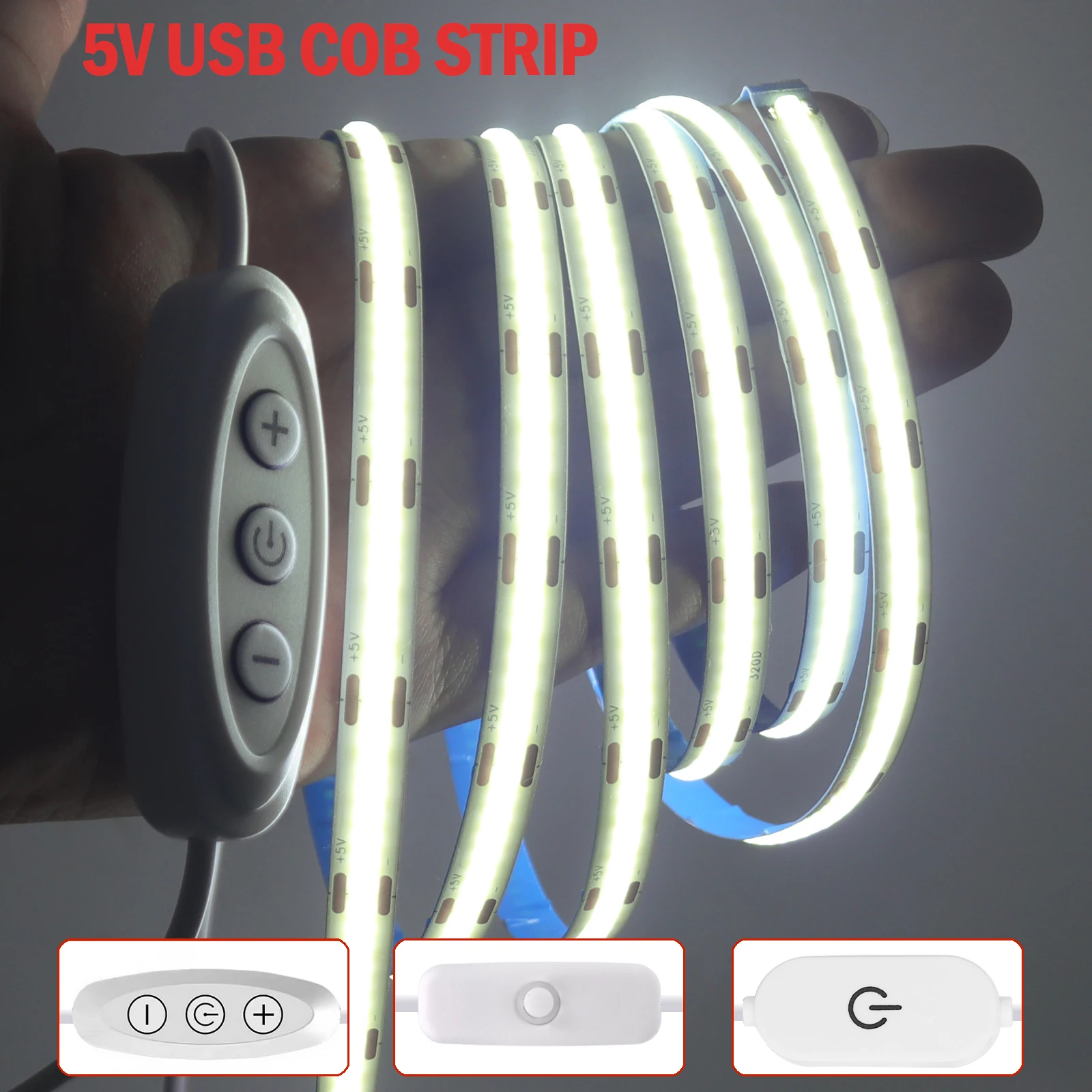 Dimmable COB LED Strip Light 5V USB Flexible LED Tape with Switch 320LEDs High Density Linear Lighting with Adhesive Tape