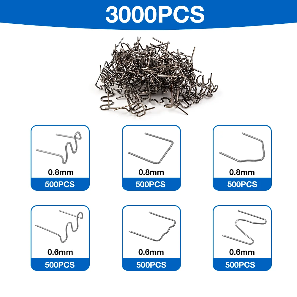 3000PCS Hot Staples 6 Models Plastic Welding Nail Welding Nail Pre Cut Wave Staples Bumper Repairs Auto Plastic Repair 0.6/0.8mm