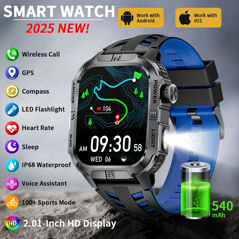 

LIGE New GPS Flashlight Outdoor Sports Smart Watch 2025 2.01"HD Screen Bluetooth Call IP68 Waterproof Compass Smartwatch for Men