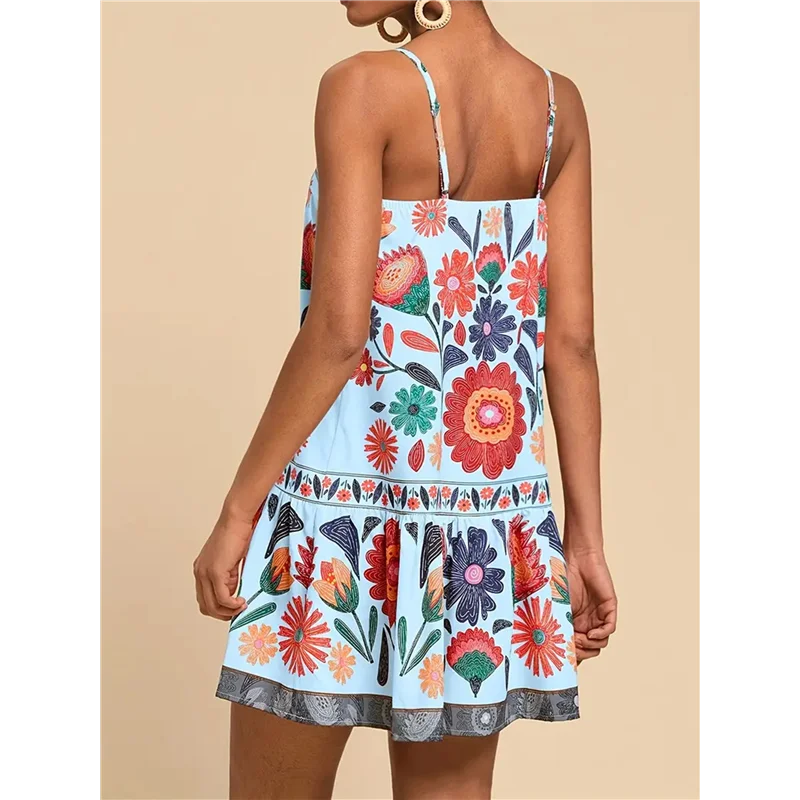 ABRT-Vestito da donna floreale Boho Flowy Mini Cami- Abito con volant e cinturino per spaghetti Abiti da vacanza