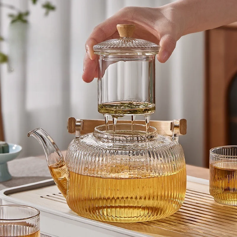 1000 ml hohe Bor-Siliziumglas-Teekanne mit integriertem Filter – Blumen-Teeservice – transparente Teekleidung mit Bambusgriff
