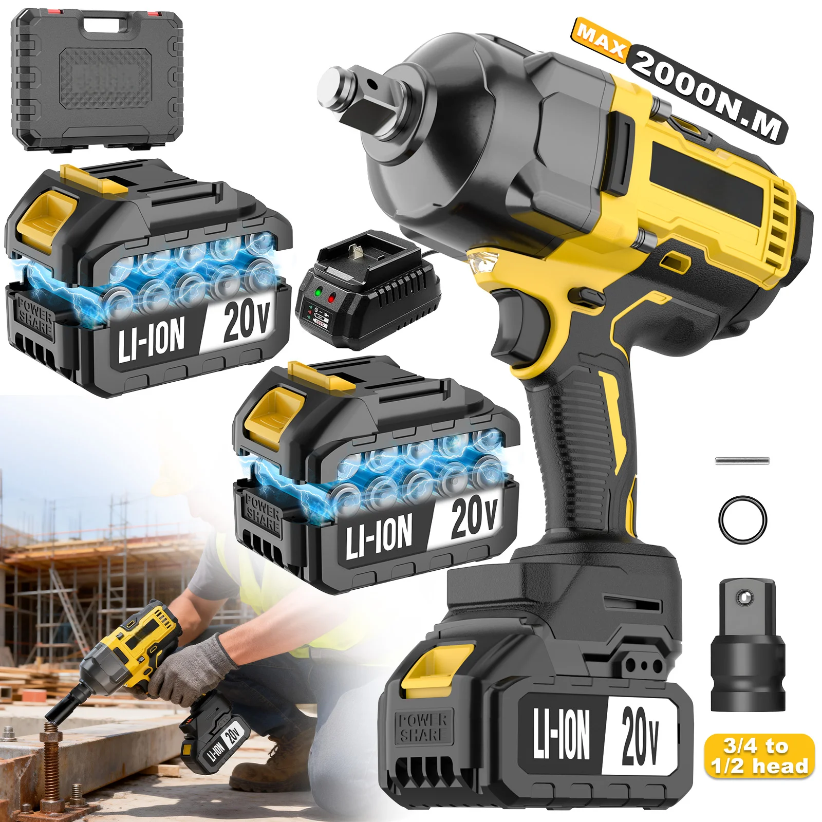 3 in 1 20V Cordless Impact Wrench 2000nm Max Torque Industrial Grade Electric Wrench Support Drop