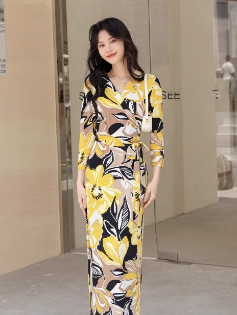 

Yellow Floral Wrap Dr Slim Fit Long Dr Spring Summer PG DVF A2307 Commute Sle round Ne ort Sve Women's Dr