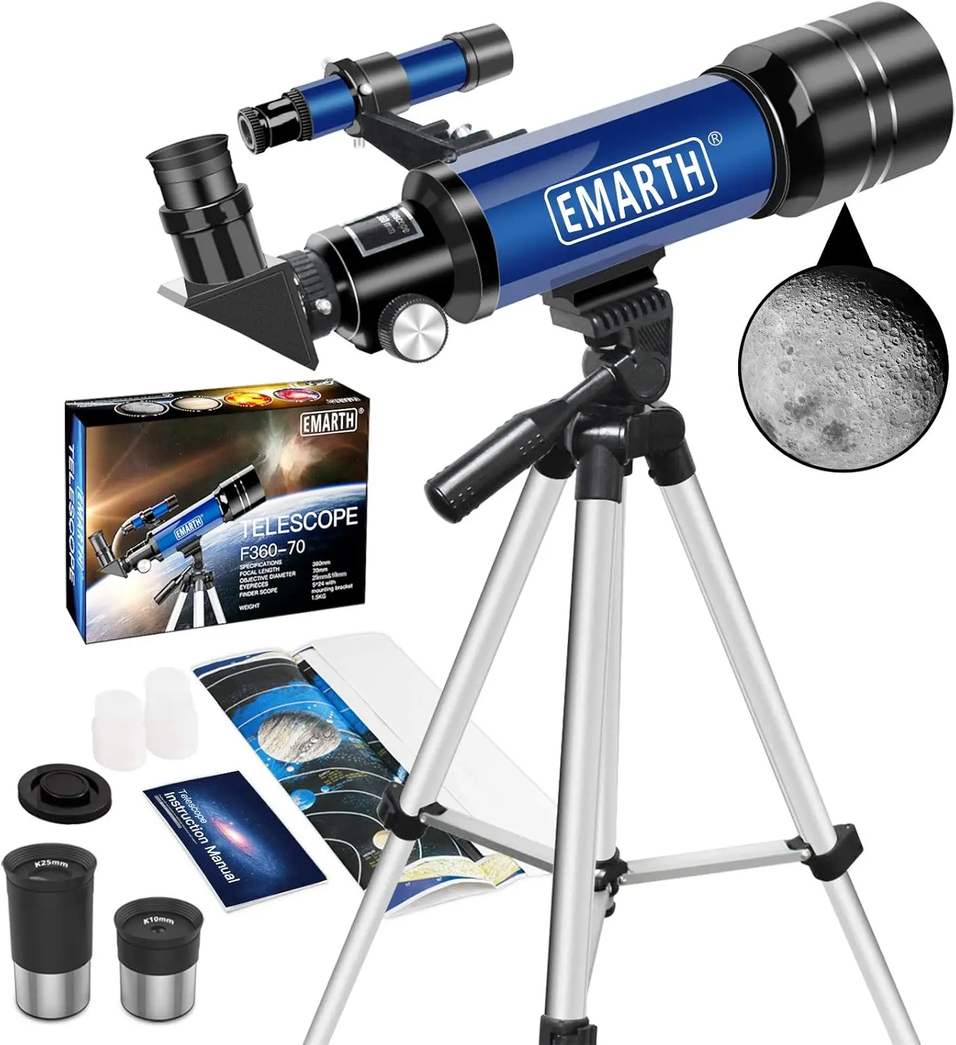 70MM Aperture Kids Telescope with 2 Eyepieces, 360MM Refractor Portable Telescope for Kids with Tripod & Finder Scope